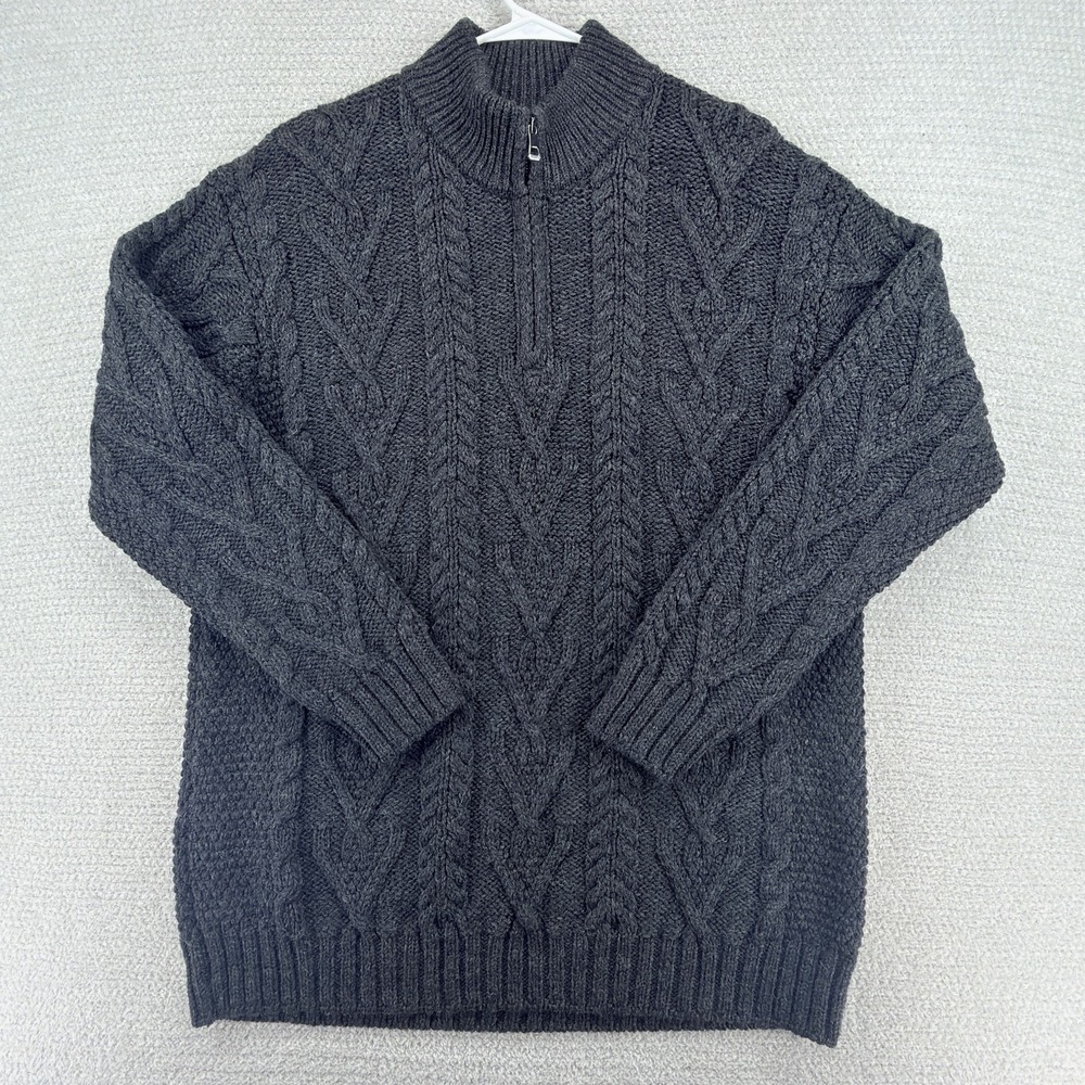 SAOL Ireland Mens XL Merino Wool Aran Cable Knit Quarter Zip Sweater Charcoal